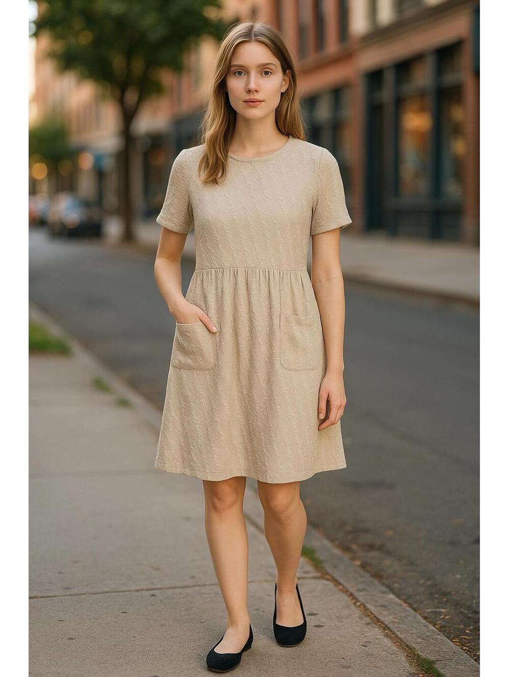 Hidden Alley Women's Small Beige Textured Short Sleeve Dress